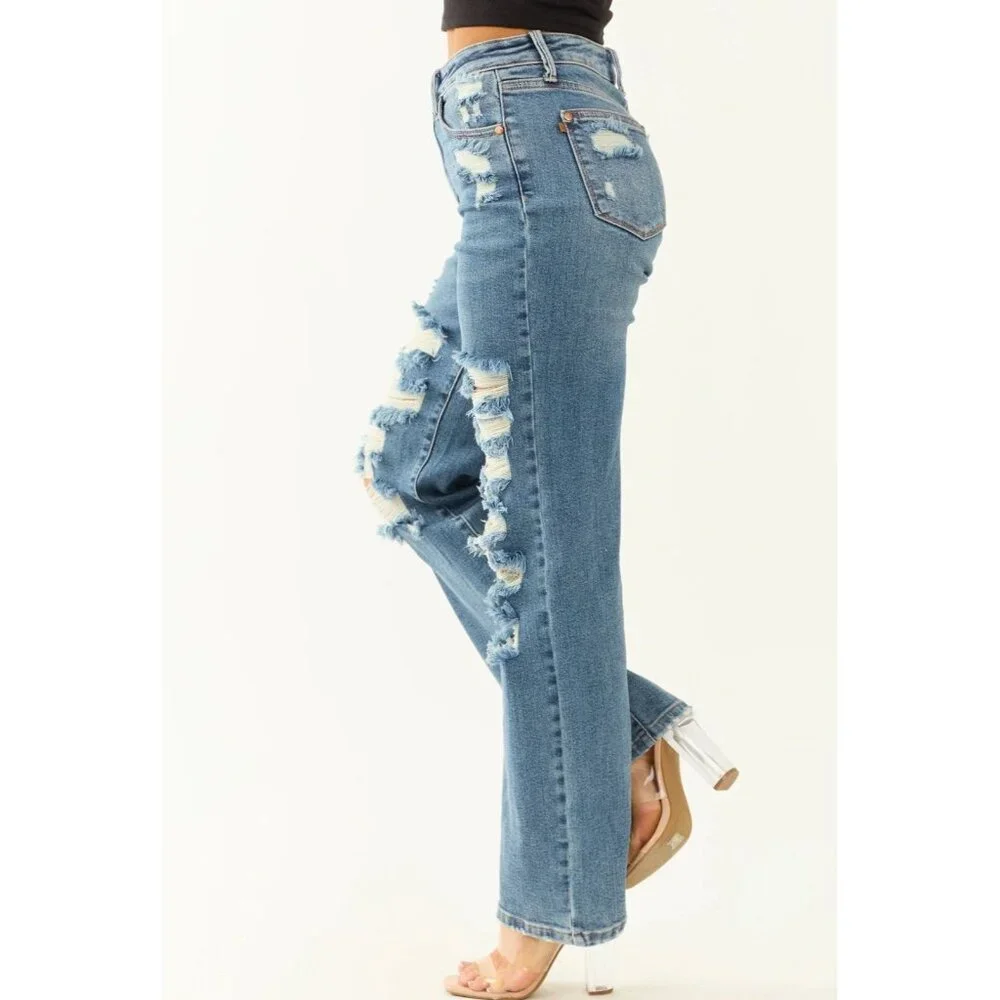 Judy Blue Jeans Women’s 7/28 Straight Fit Mid Rise Distressed Stretch‎ Denim